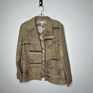 Coldwater Creek Jacket Womens Medium Brown Linen Blend Embroidered Floral Boho